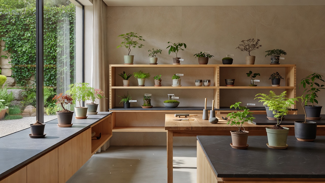 木製の棚に並ぶ植物標本、植物研究室の内部