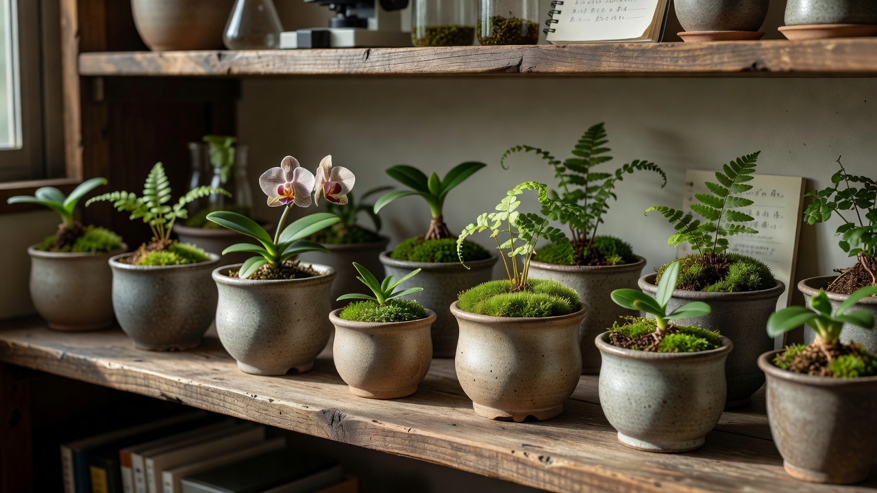 木棚に並ぶ陶器の鉢と希少植物