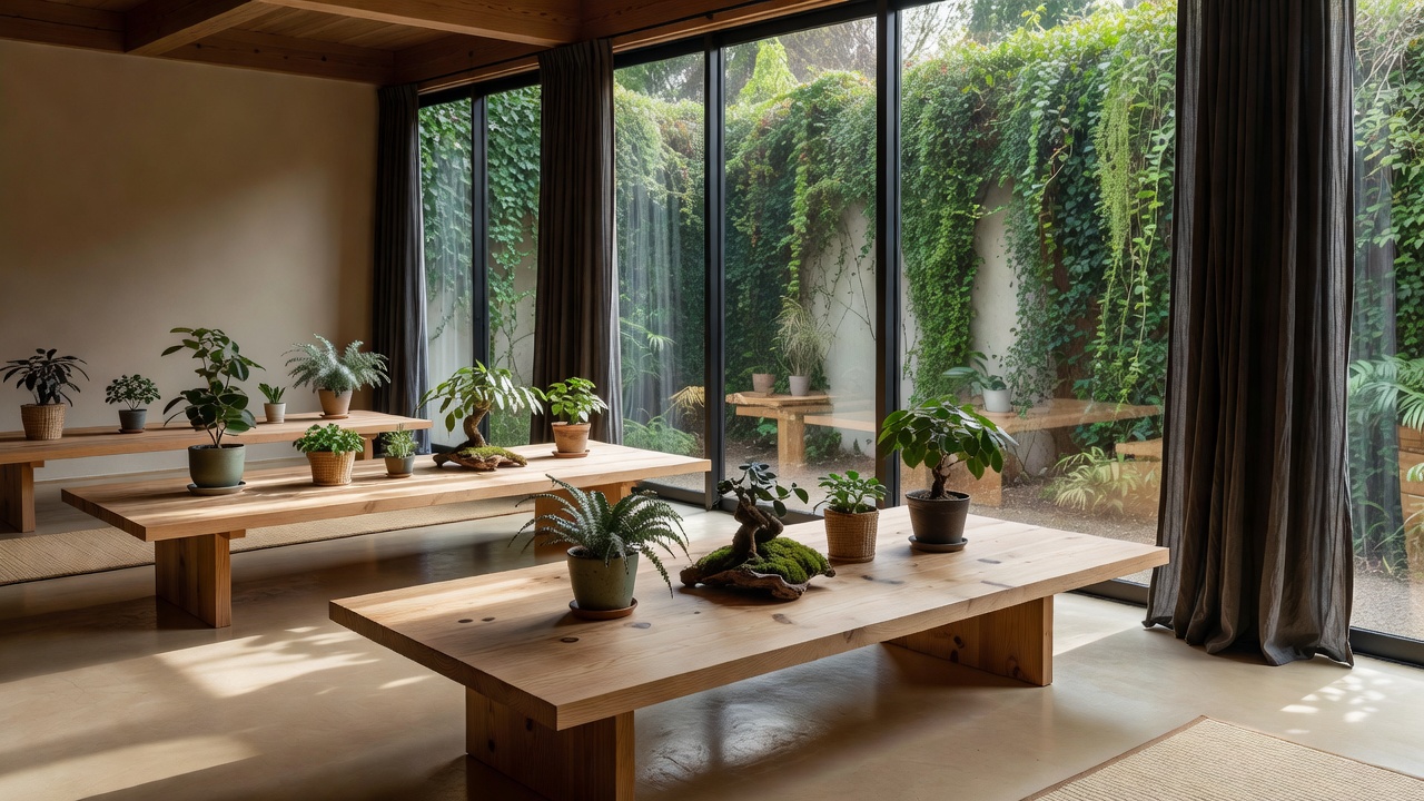植物に囲まれたクリエイティブスタジオの作業台