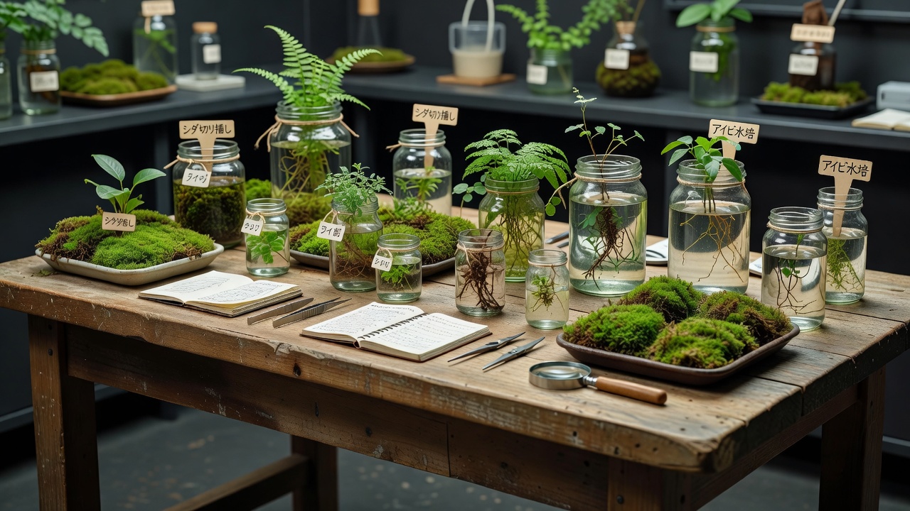 繁殖実験用のテーブルに並ぶ植物