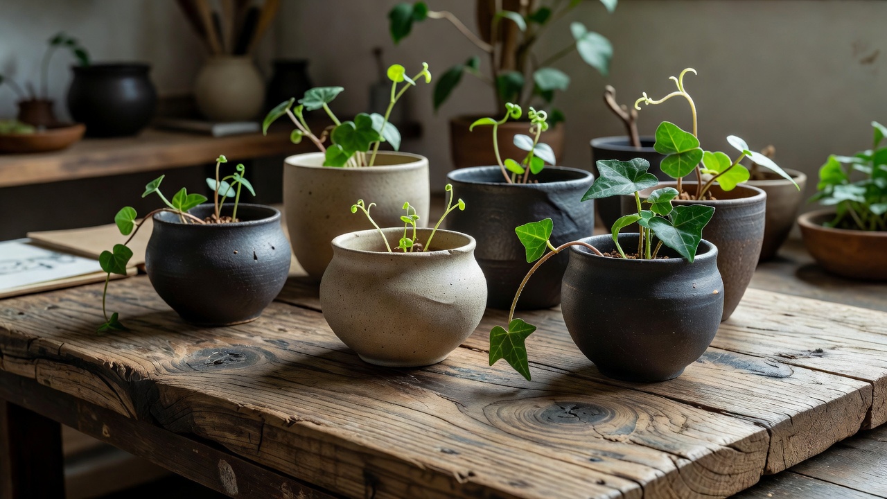 木と陶器の器から芽吹く植物